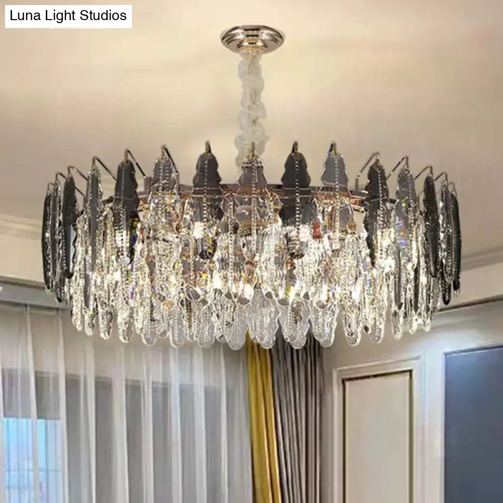 DecorBites™ modern drum pendant light with clear K9 crystal prisms and metallic frame 29 inches fixture for living room