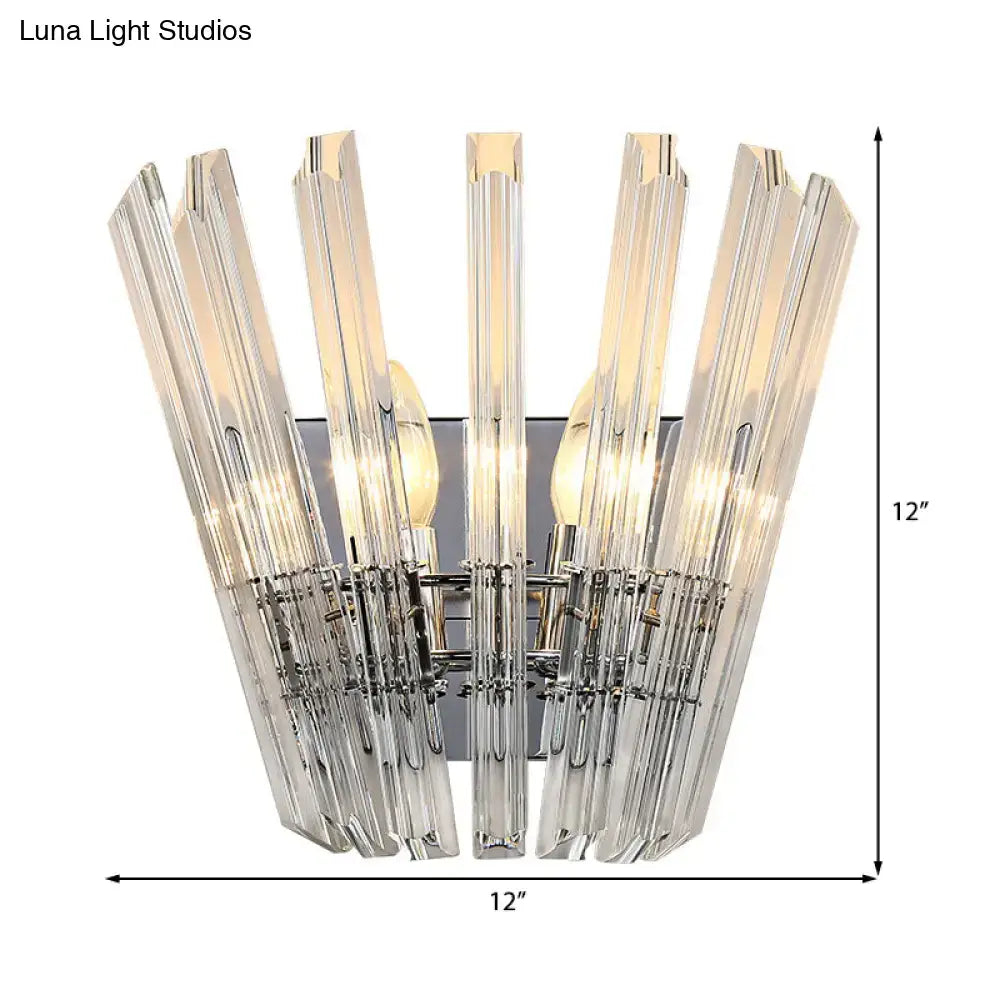Modern chrome crystal fan wall mount light with clear faceted glass rods and sleek chrome backplate for elegant wall mount use