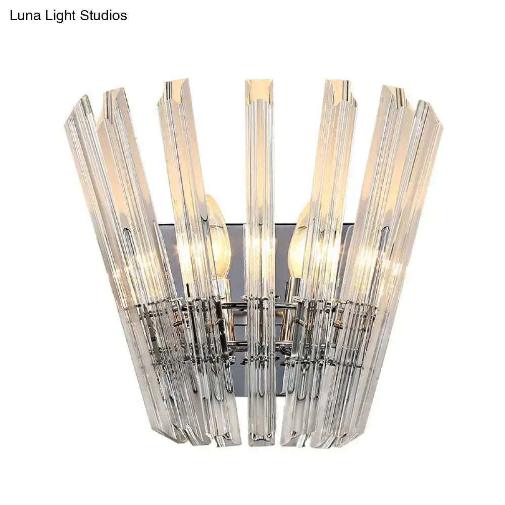 Modern chrome crystal fan wall mount light featuring clear faceted glass rods radiating from a sleek chrome base
