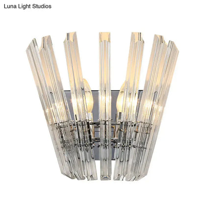 Modern chrome crystal fan wall mount light featuring clear faceted glass rods radiating from a sleek chrome base