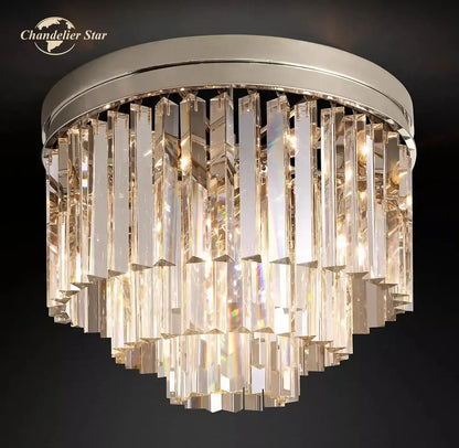 Modern chrome crystal flushmount chandelier with clear faceted glass prisms and sleek circular frame ceiling light decorbites