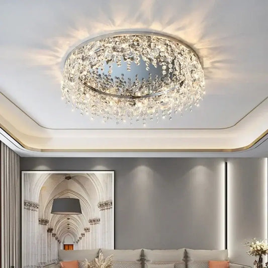 Modern chrome crystal led ceiling chandelier with sleek frame and cascading glass for living room decorbites crystal led