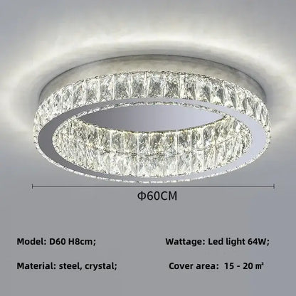 Modern chrome crystal led ceiling light featuring two concentric rings of clear crystal facets in a silver steel frame