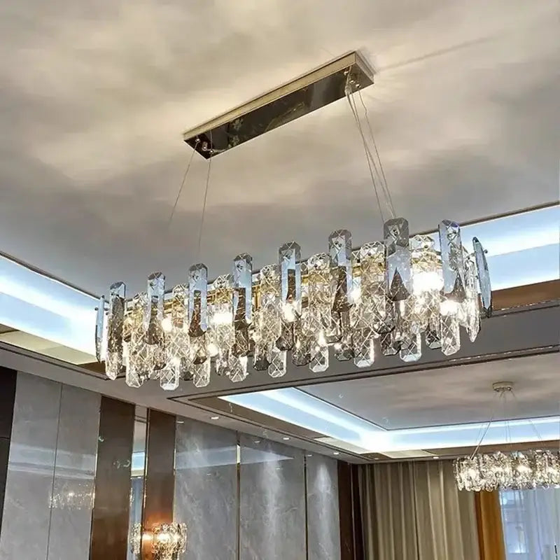 Modern chrome crystal led chandelier bedroom pendant light with cascading clear crystal prisms from decorbites crystal led collection