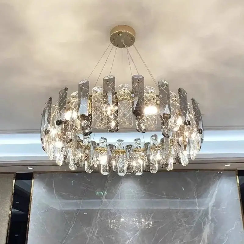 Modern chrome crystal led chandelier bedroom pendant light with gold frame and cascading clear prisms by decorbites crystal led