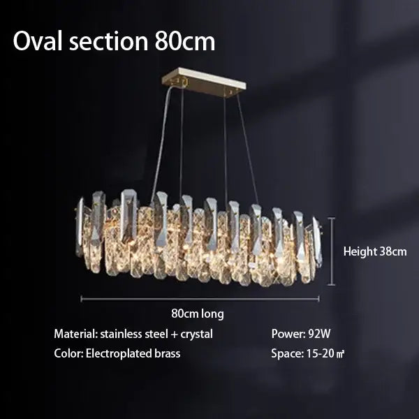 Modern chrome crystal led chandelier bedroom pendant light with elegant oval electroplated brass frame and cascading crystals decorbites crystal led