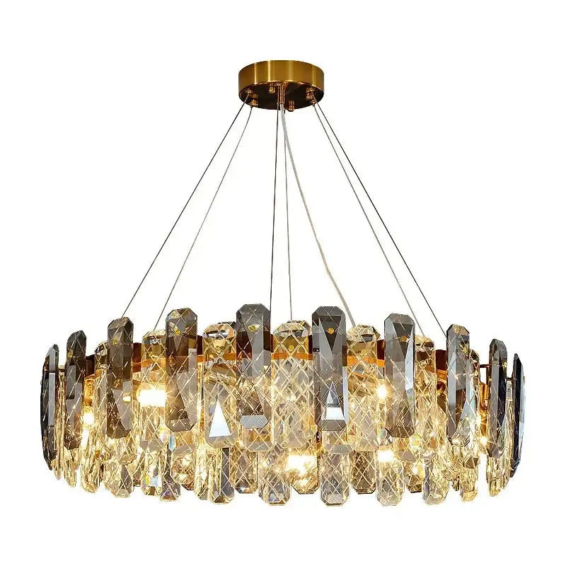 A modern chrome crystal led chandelier with gold-toned mount and faceted glass pieces by decorbites crystal led