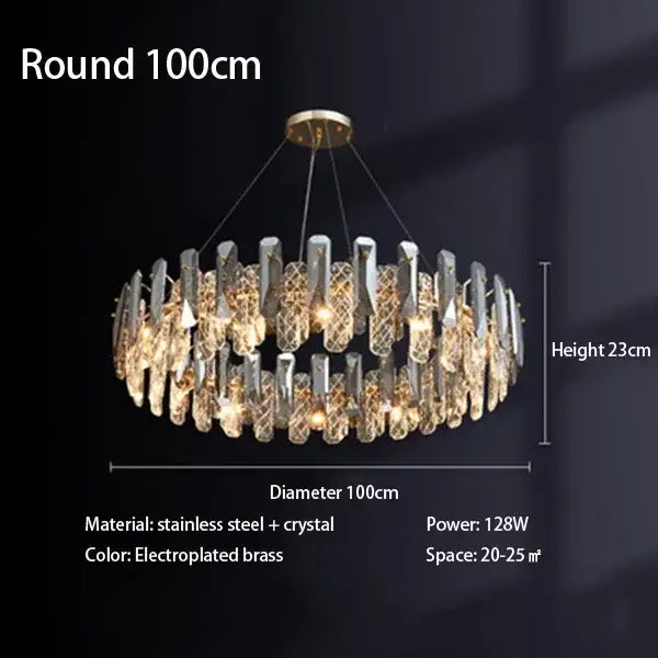Modern chrome crystal led chandelier with gold electroplated brass finish and cascading crystals by decorbites crystal led