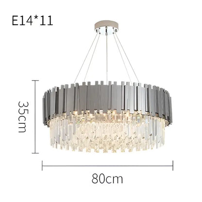 Modern chrome crystal led chandelier suspension lighting featuring a circular metallic frame with hanging crystal droplets decorbites crystal led