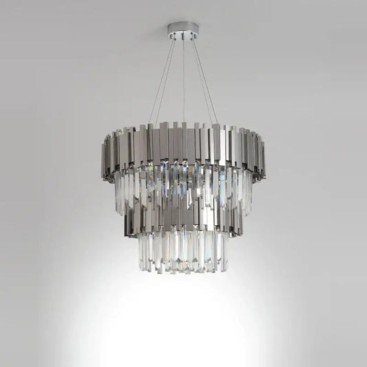 A modern chrome crystal led chandelier suspension lighting with polished chrome and clear crystal prisms for foyer decorbites crystal led