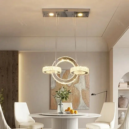 Modern chrome crystal led circle rings chandelier with embedded leds and crystal accents for bedroom decorbites crystal led