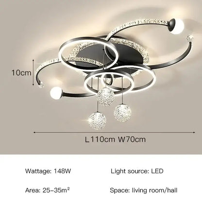 Modern black and crystal-encrusted led pendant chandelier with spherical ornaments for dining room starry effect lighting