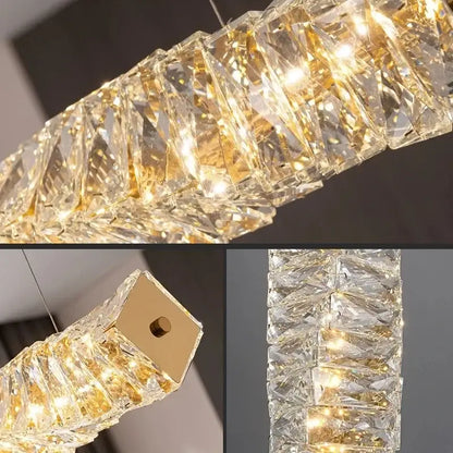 Modern chrome crystal led pendant dining room chandelier with faceted crystal pieces and gold-toned decorbites crystal led accents