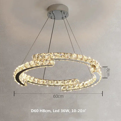 Modern chrome crystal led pendant double-ring chandelier with chrome finish and crystal accents, 60cm diameter for dining room decorbites crystal led