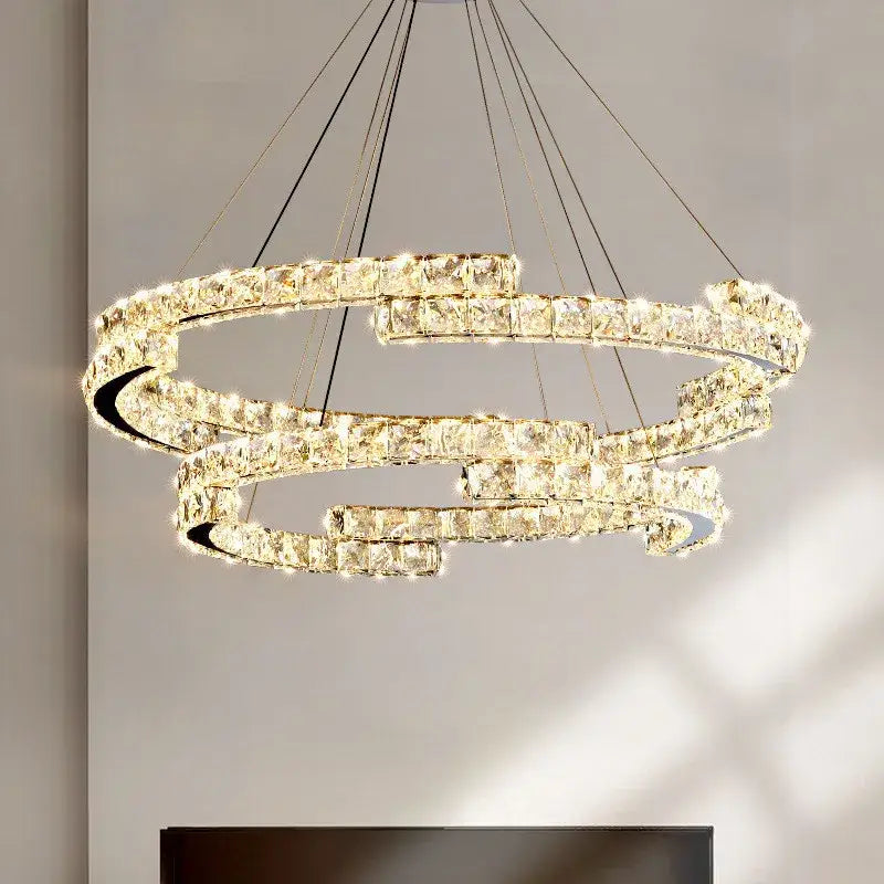 Modern chrome double ring pendant lights with clear faceted crystals for elegant dining room decorbites crystal led fixture
