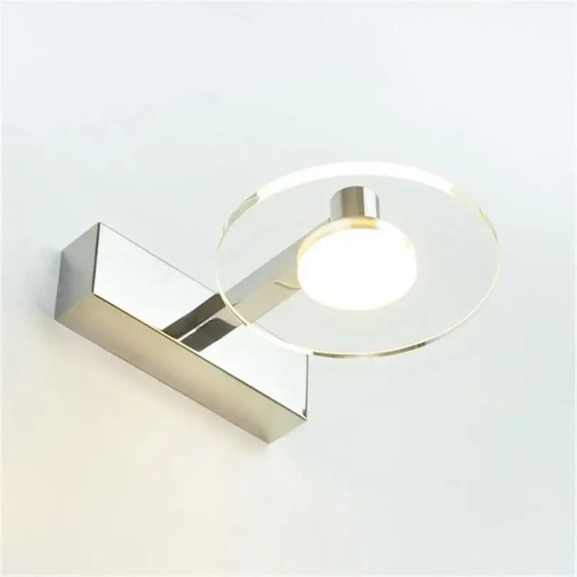 Modern chrome crystal led vanity mirror light with circular glass diffuser and geometric bracket for bathroom decorbites crystal led