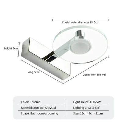 Modern chrome crystal led wall lamp with iron and acrylic mirror headlight featuring circular glass wafer decorbites design