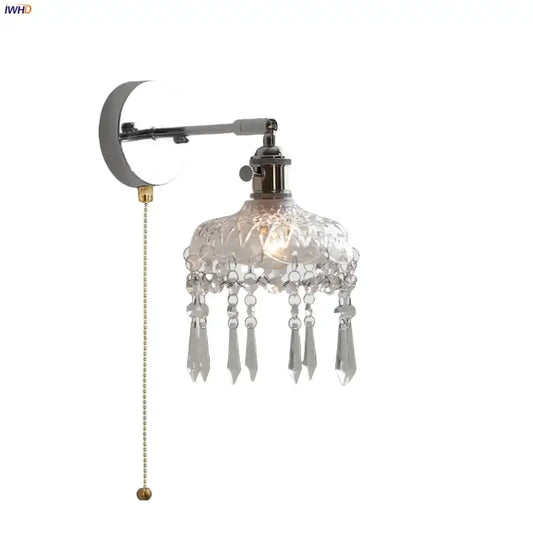 Modern chrome crystal led wall light bedroom sconce with polished chrome arm and cut glass shade featuring crystal teardrops
