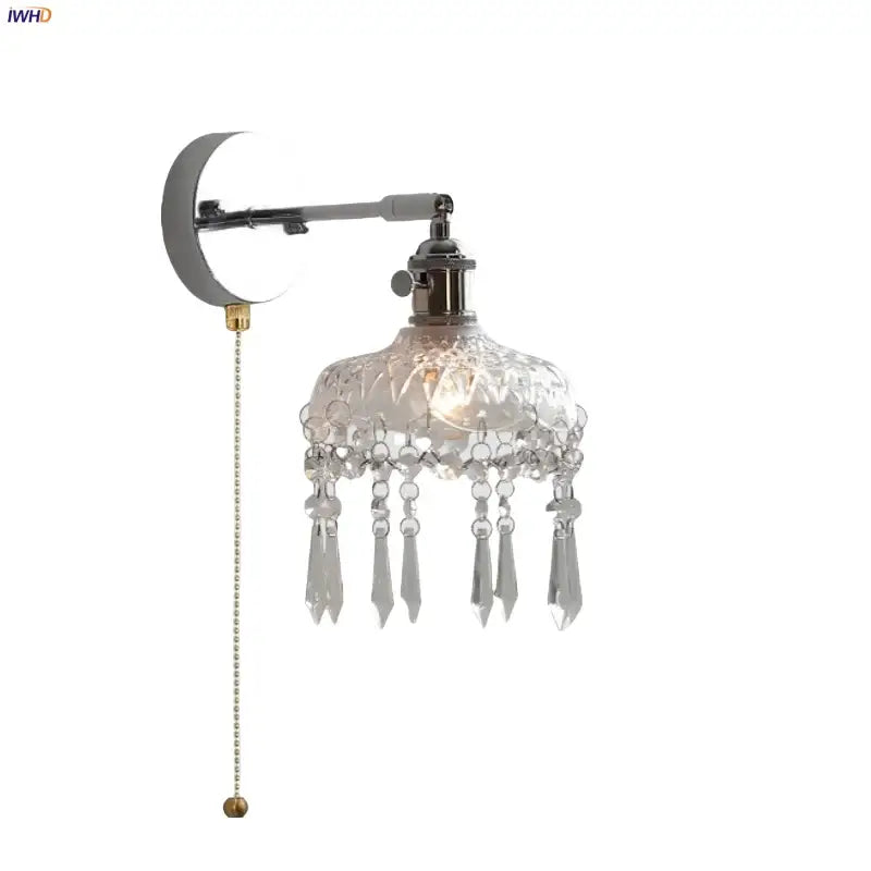 Modern chrome crystal led wall light bedroom sconce with polished chrome arm and cut glass shade featuring crystal teardrops