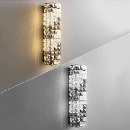 Modern chrome crystal mosaic wall lamp featuring crystal-encrusted gold and clear faceted glass panels by decorbites