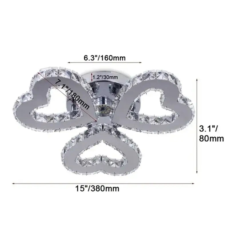 Modern chrome crystal nordic led ceiling chandelier with three heart-shaped crystal-encrusted arms for living room