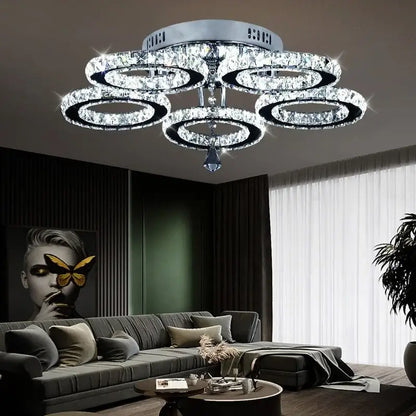 Modern chrome crystal nordic led ceiling chandelier with concentric rings and teardrop pendant for living room lighting