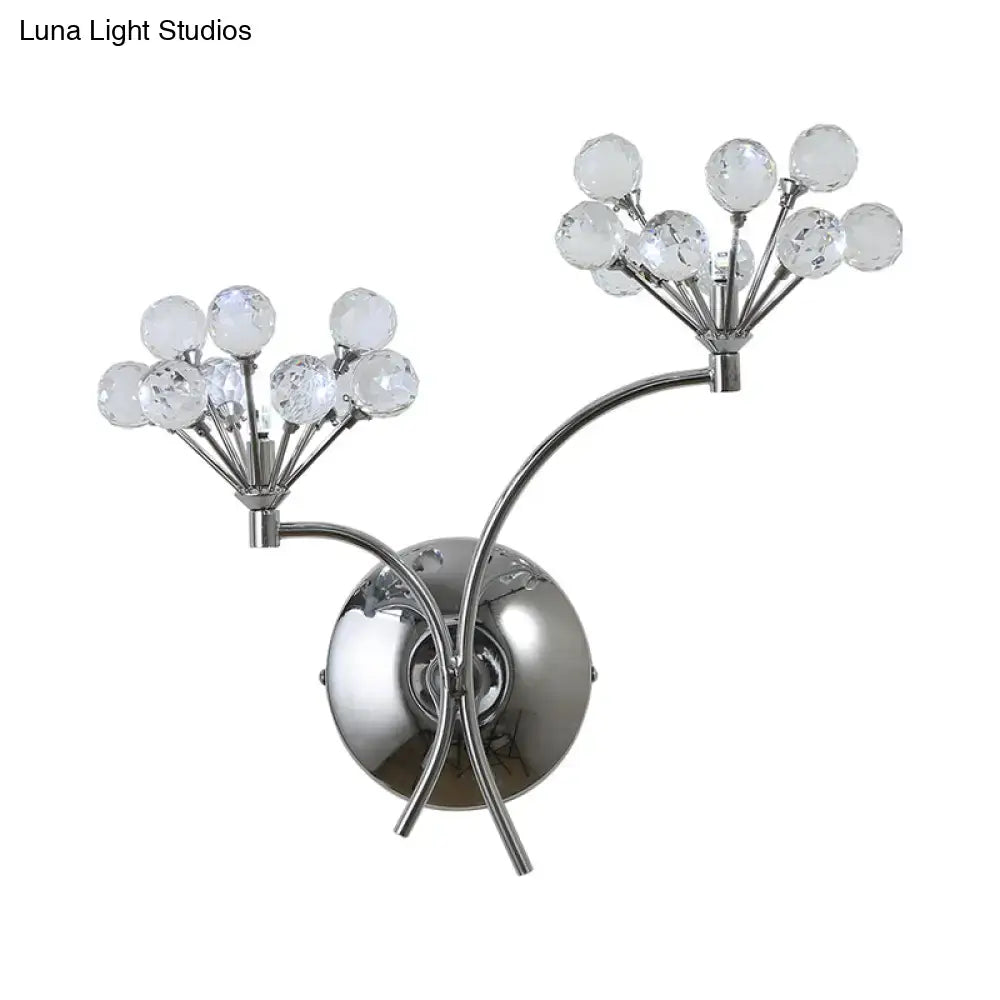 Modern chrome crystal orb light fixture wall sconce with two curved arms and clear crystal spheres direct wired electric
