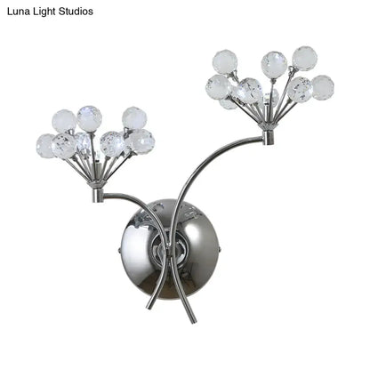 Modern chrome crystal orb light fixture wall sconce with two curved arms and clear crystal spheres direct wired electric