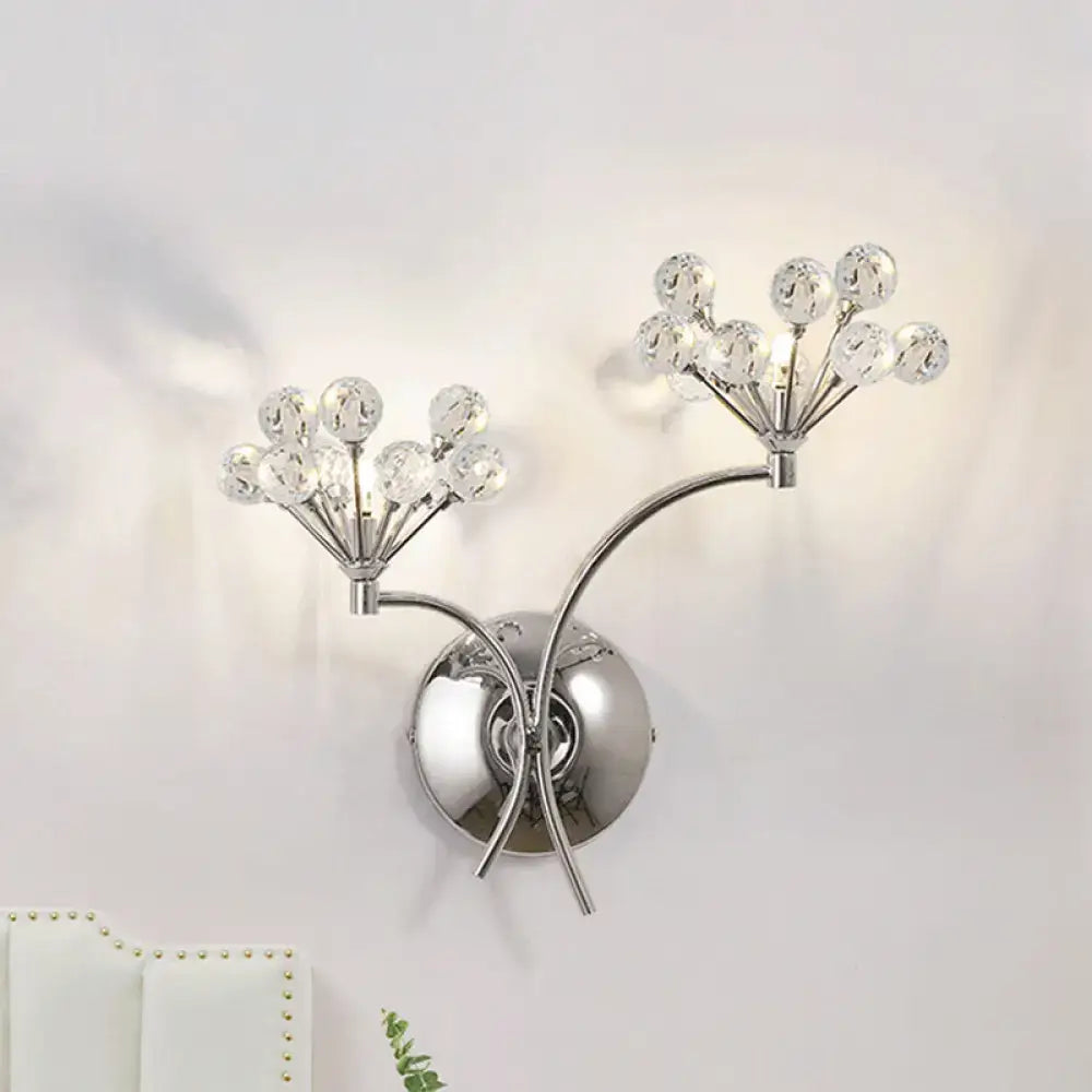 Modern chrome crystal orb wall sconce direct wired electric light fixture with two branching arms and clear crystal spheres