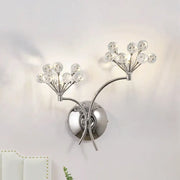 Modern chrome crystal orb wall sconce direct wired electric light fixture with two branching arms and clear crystal spheres
