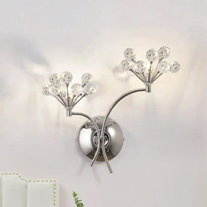 Modern chrome crystal orb wall sconce direct wired electric light fixture with two branching arms and clear crystal spheres