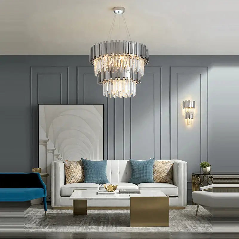 Modern chrome crystal oval led chandelier featuring a metallic frame and cascading crystals for elegant dining room decorbites crystal oval
