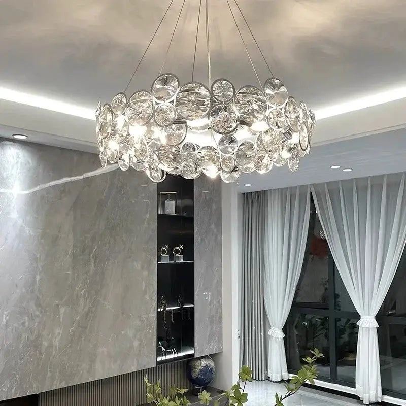 Modern chrome crystal ring chandelier with clear faceted glass discs for elegant dining room decorbites crystal ring