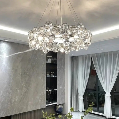 Modern chrome crystal ring chandelier with clear faceted glass discs for elegant dining room decorbites crystal ring