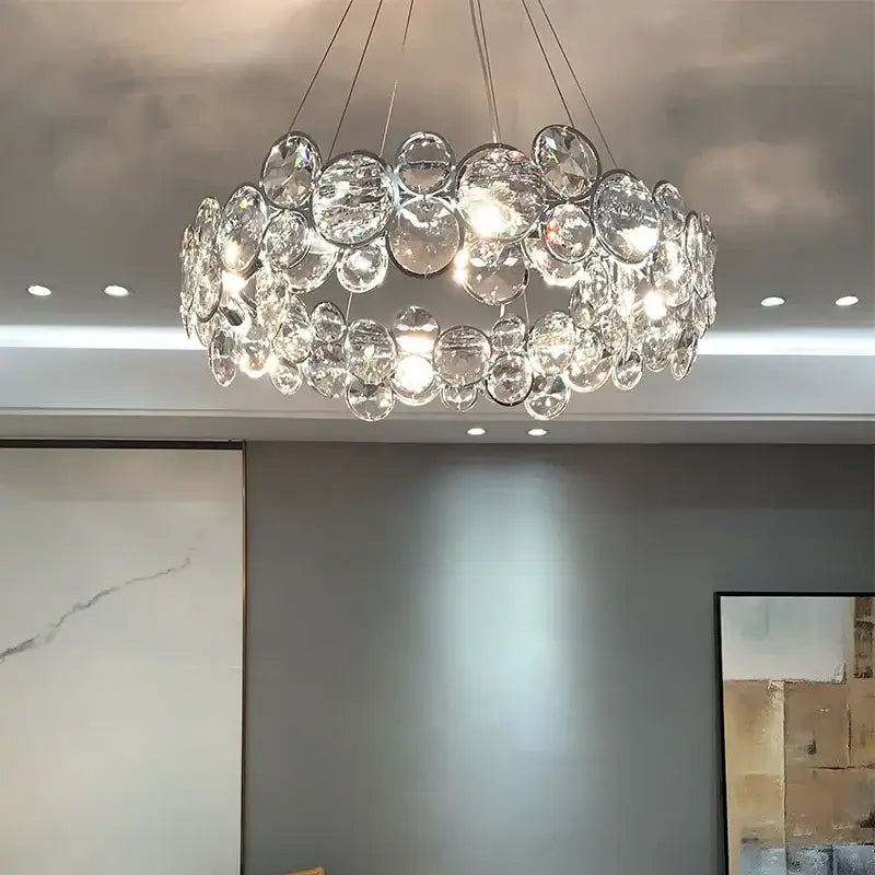 Modern chrome crystal ring chandelier with clear bubble glass orbs arranged in a circular pattern for dining room decorbites crystal ring