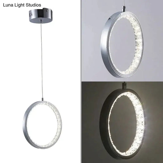 Modern decorbites™ crystal rings led pendant light fixture with sleek chrome finish and circular embedded leds for indoor use