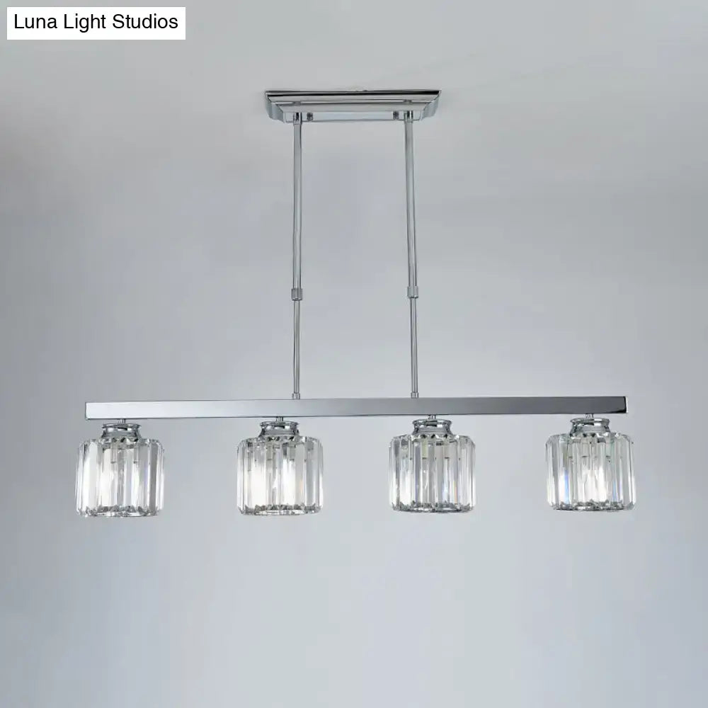 Chrome-finished rectangular pendant light with four clear faceted crystal rod glass shades for dining room e26 e27 bulbs