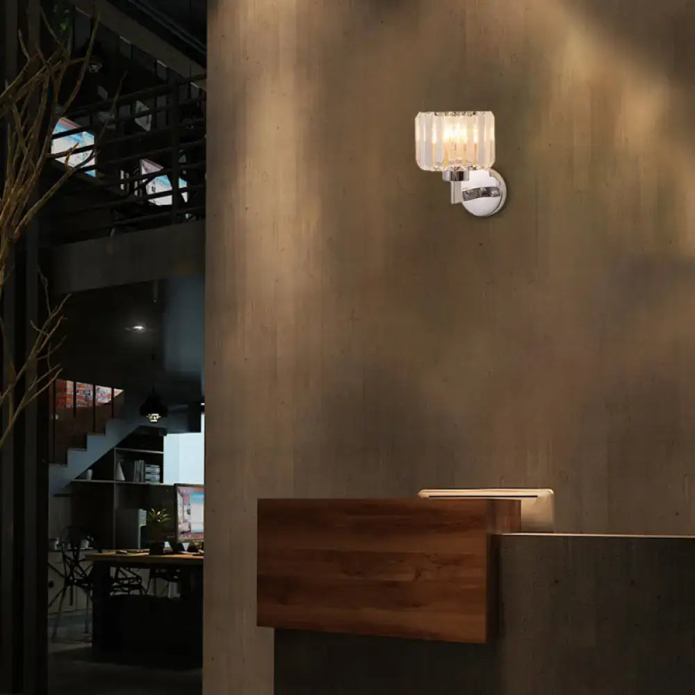 Modern chrome crystal sconce light with clear faceted glass shade and chrome metal base wall sconce light for hallway