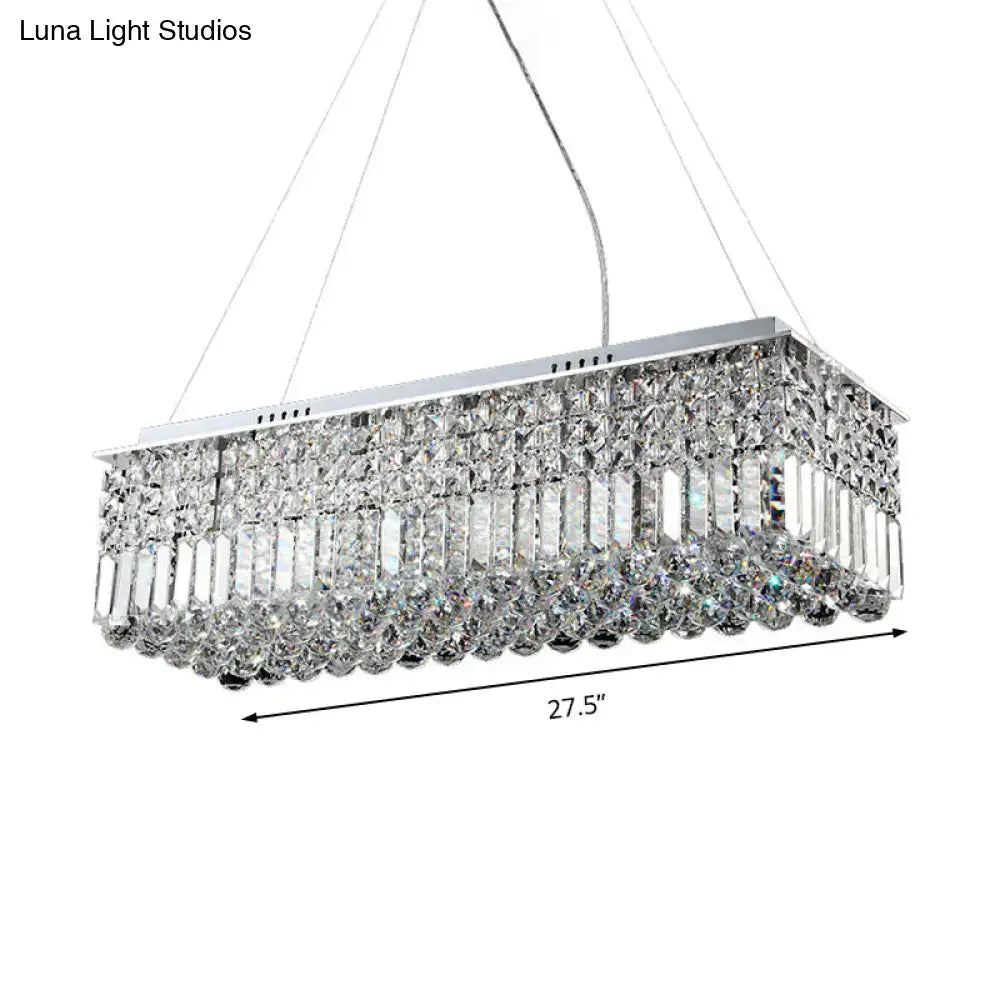 Silver rectangular chandelier with cascading crystal prisms and modern crystal shade by DecorBites for living room