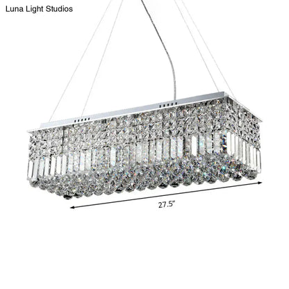 Silver rectangular chandelier with cascading crystal prisms and modern crystal shade by DecorBites for living room