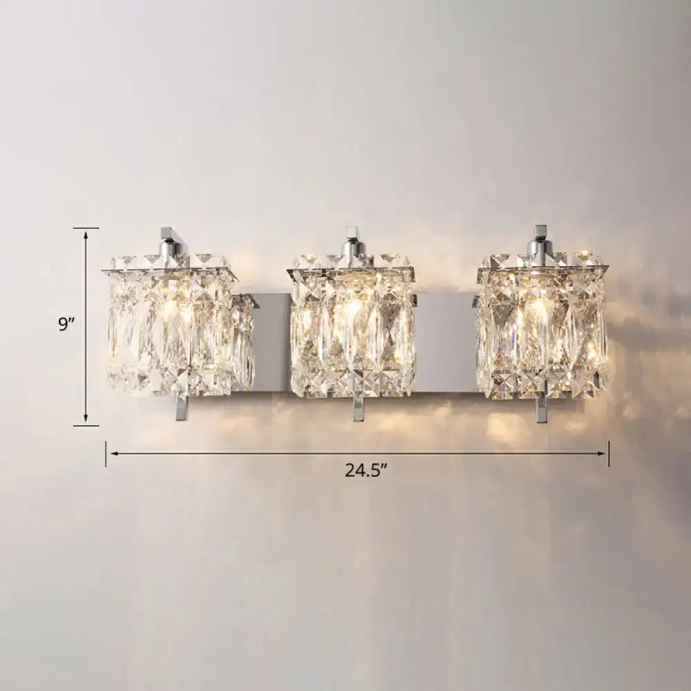 Modern chrome crystal shade sconce light wall mount with three rectangular faceted crystal prisms for bedroom use