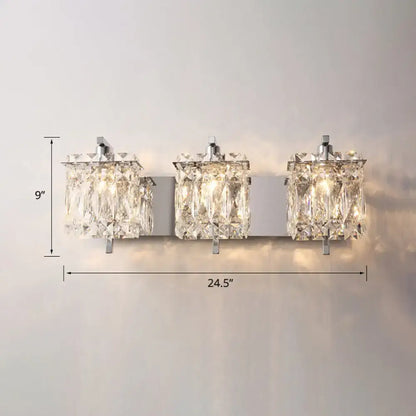 Modern chrome crystal shade sconce light wall mount with three rectangular faceted crystal prisms for bedroom use