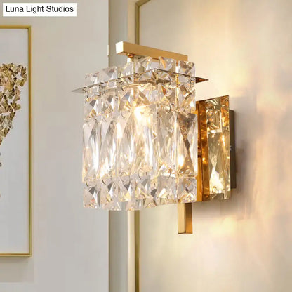 Modern chrome crystal shade sconce light wall mount with gold metal frame and cascading clear faceted crystals