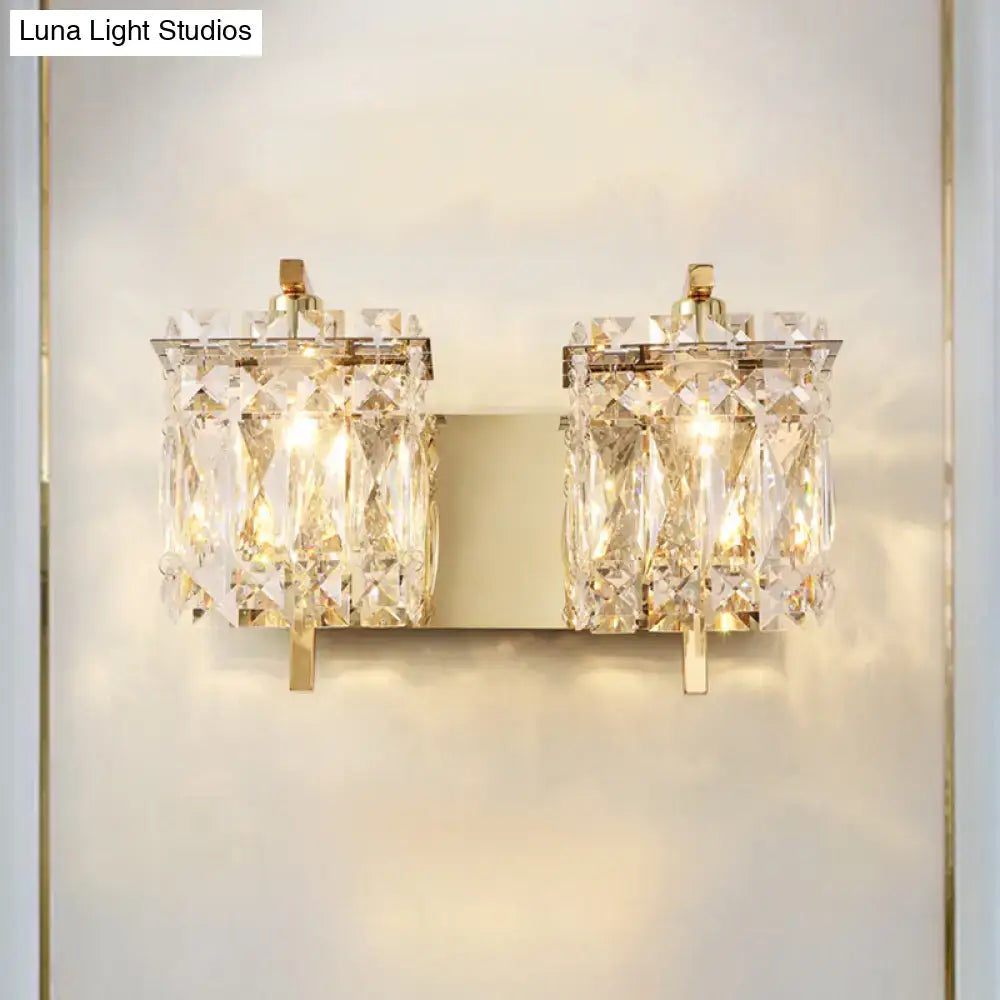 Gold-finished modern chrome crystal shade sconce light with two rectangular crystal encrusted fixtures wall mount