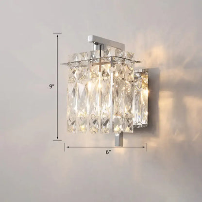 Modern chrome crystal shade sconce light with cascading faceted glass prisms wall mount for bedroom use