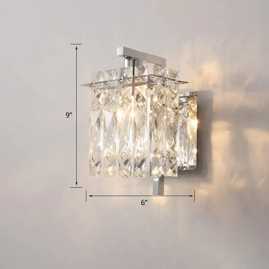 Modern chrome crystal shade sconce light with cascading faceted glass prisms wall mount for bedroom use