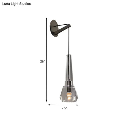 Modern chrome crystal wall lamp with brushed black metal mount, clear glass shade, and dangling cord fixture type