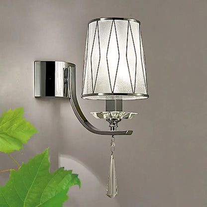 Modern chrome crystal wall lighting fixture with frosted glass shade and black geometric lines for bedroom or hallway wall lighting