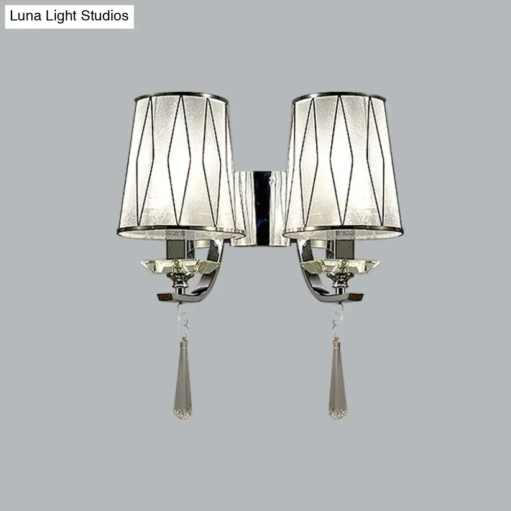 Modern chrome crystal wall lighting fixture with double-arm frosted glass shades and geometric black lines for bedroom or hallway