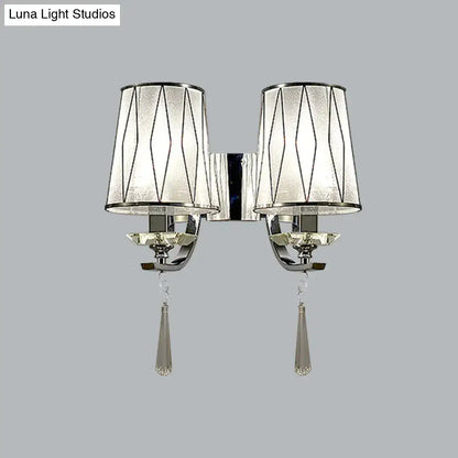 Modern chrome crystal wall lighting fixture with double-arm frosted glass shades and geometric black lines for bedroom or hallway
